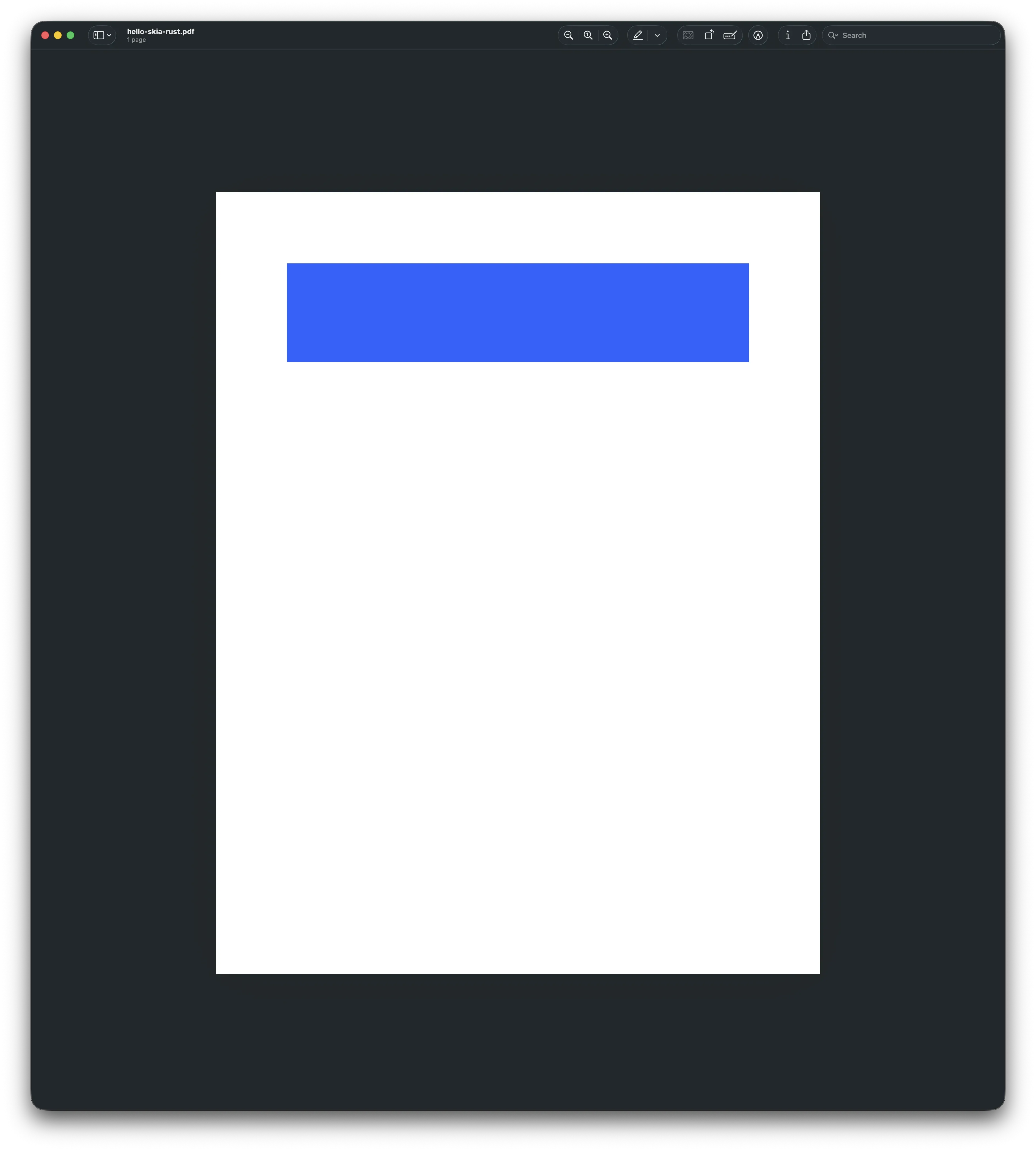 El PDF generado abierto en un visor: un rectángulo azul con texto blanco renderizado como gráficos vectoriales sobre una página US Letter usando skia-safe en Rust