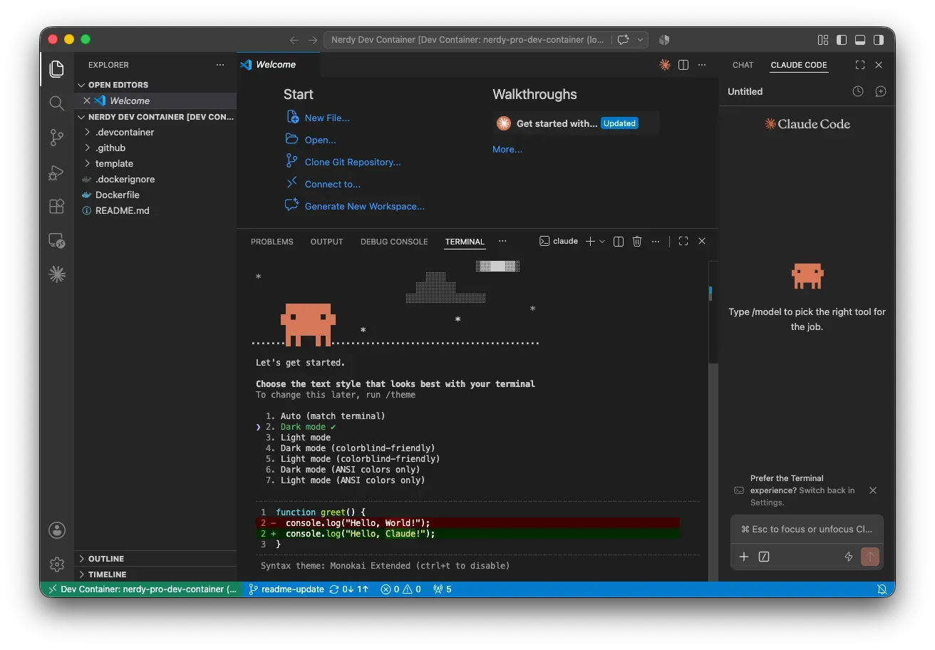 VS Code abierto en el Nerdy Dev Container, con Claude Code ejecutándose en la terminal integrada y el panel lateral
