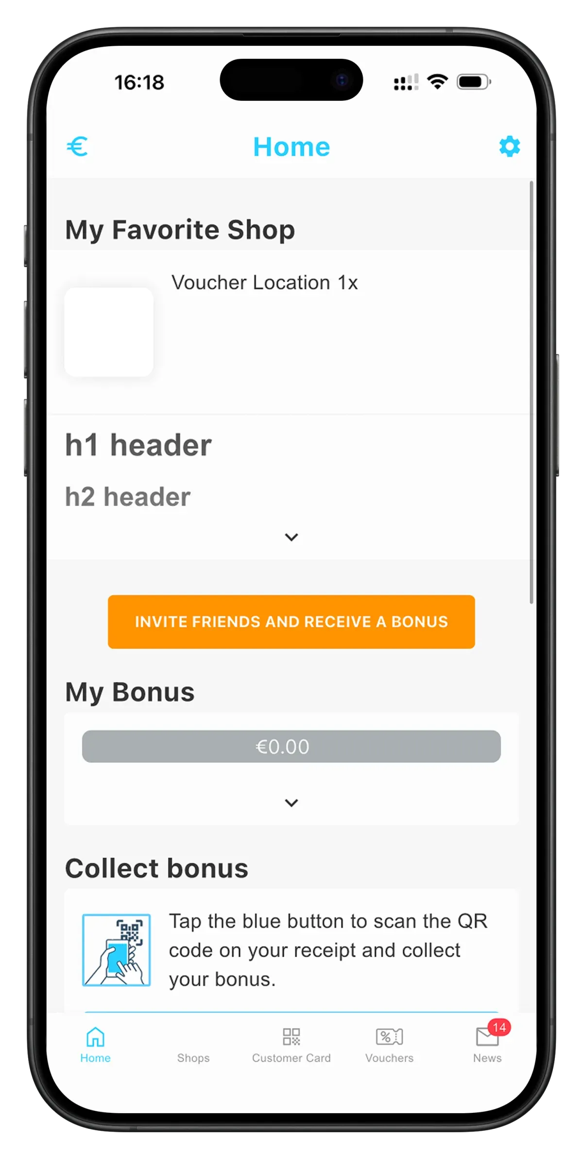 Inicio de la app de consumo con saldo de cashback y bonus por invitar amigos